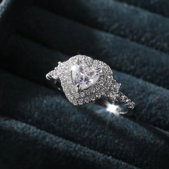 😍Diamond Heart CZ Shiny 14k White Gold Luxury Macro Pave Ring for Women, K852 - Picture 6 of 11